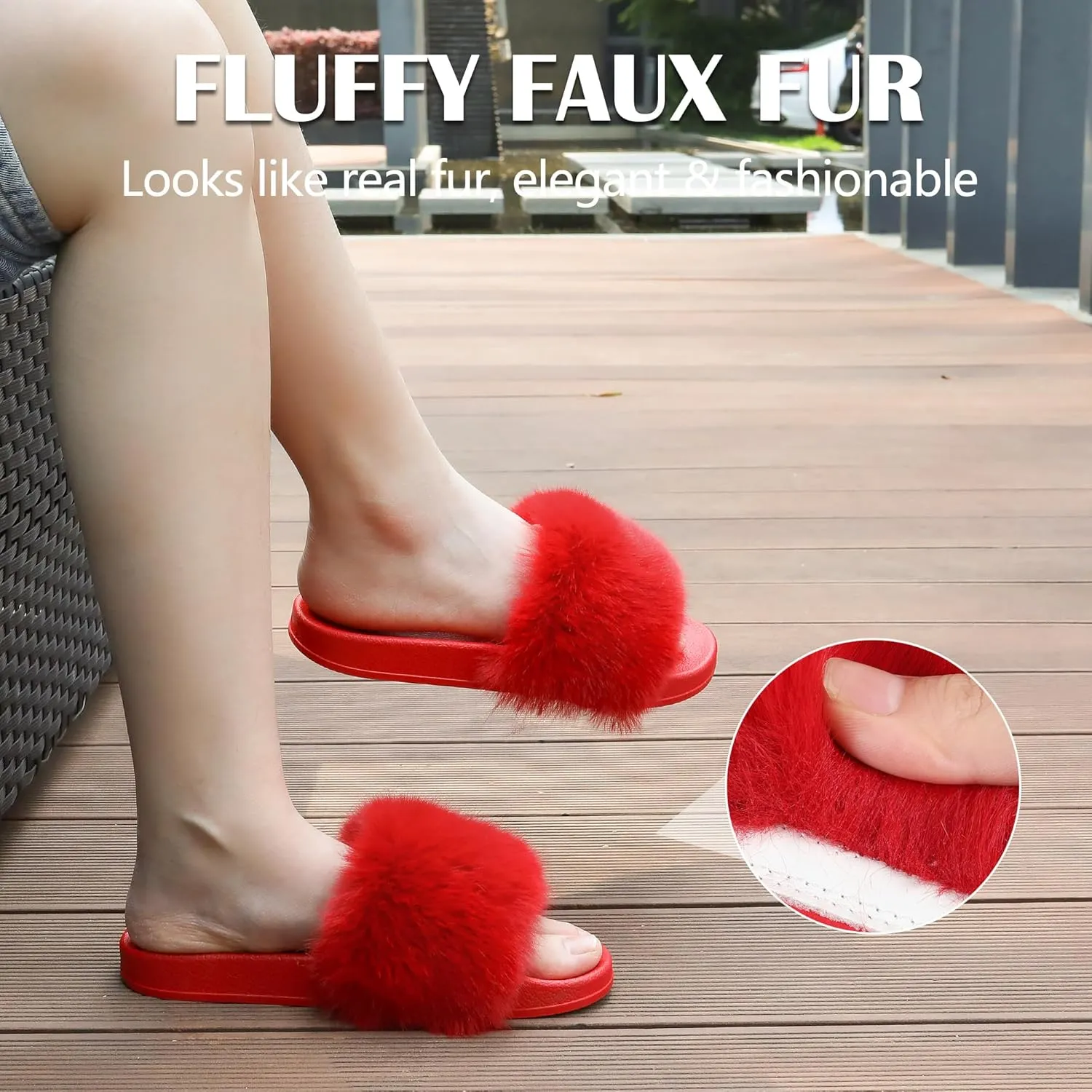 Women's Furry Slides Faux Fur Slides Fuzzy Slippers Fluffy Sandals Outdoor Indoor