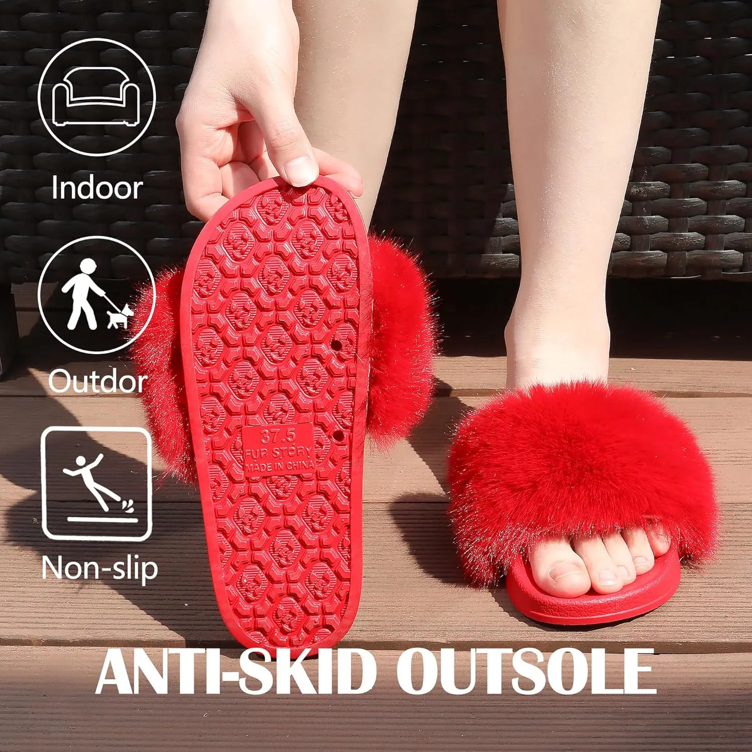 Women's Furry Slides Faux Fur Slides Fuzzy Slippers Fluffy Sandals Outdoor Indoor