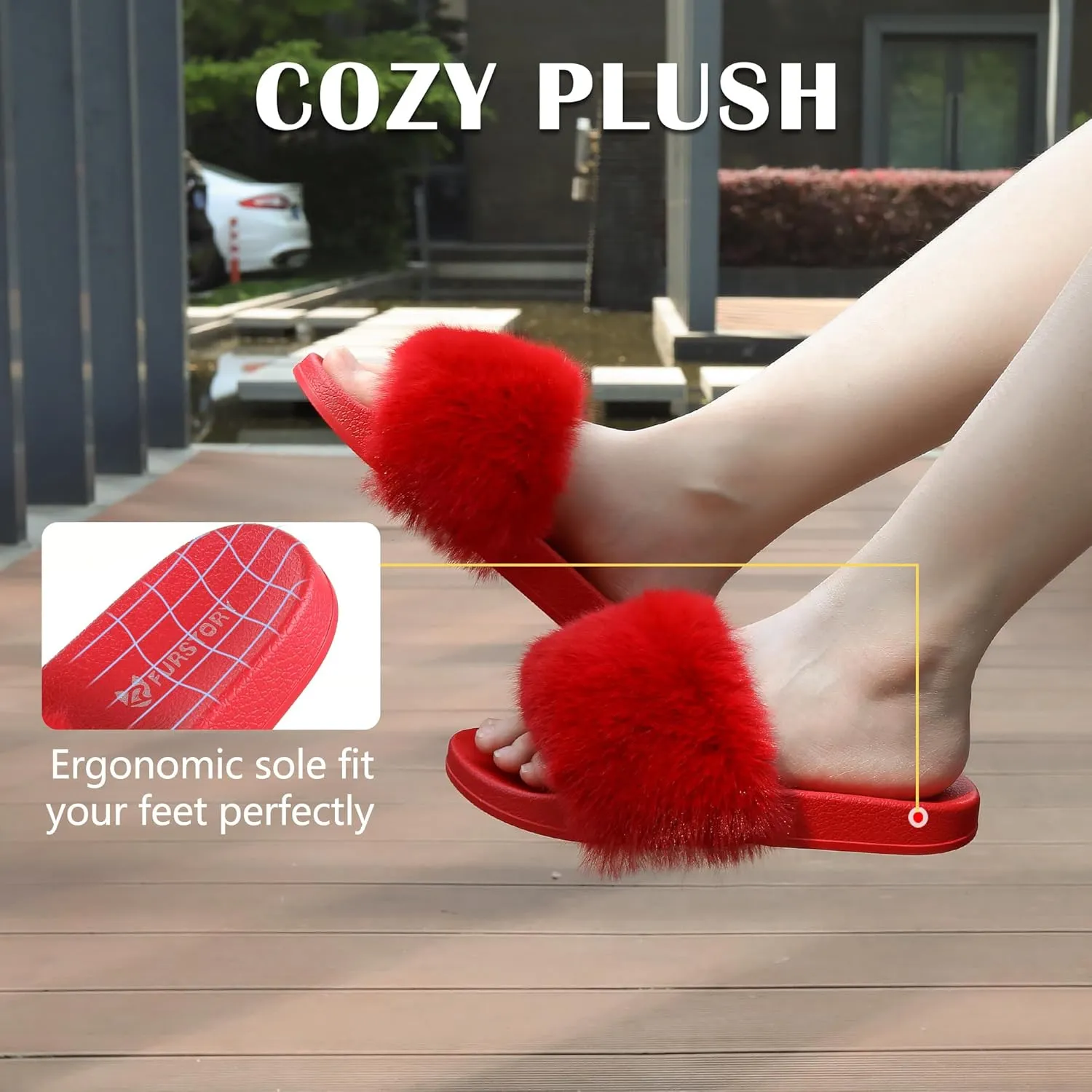 Women's Furry Slides Faux Fur Slides Fuzzy Slippers Fluffy Sandals Outdoor Indoor