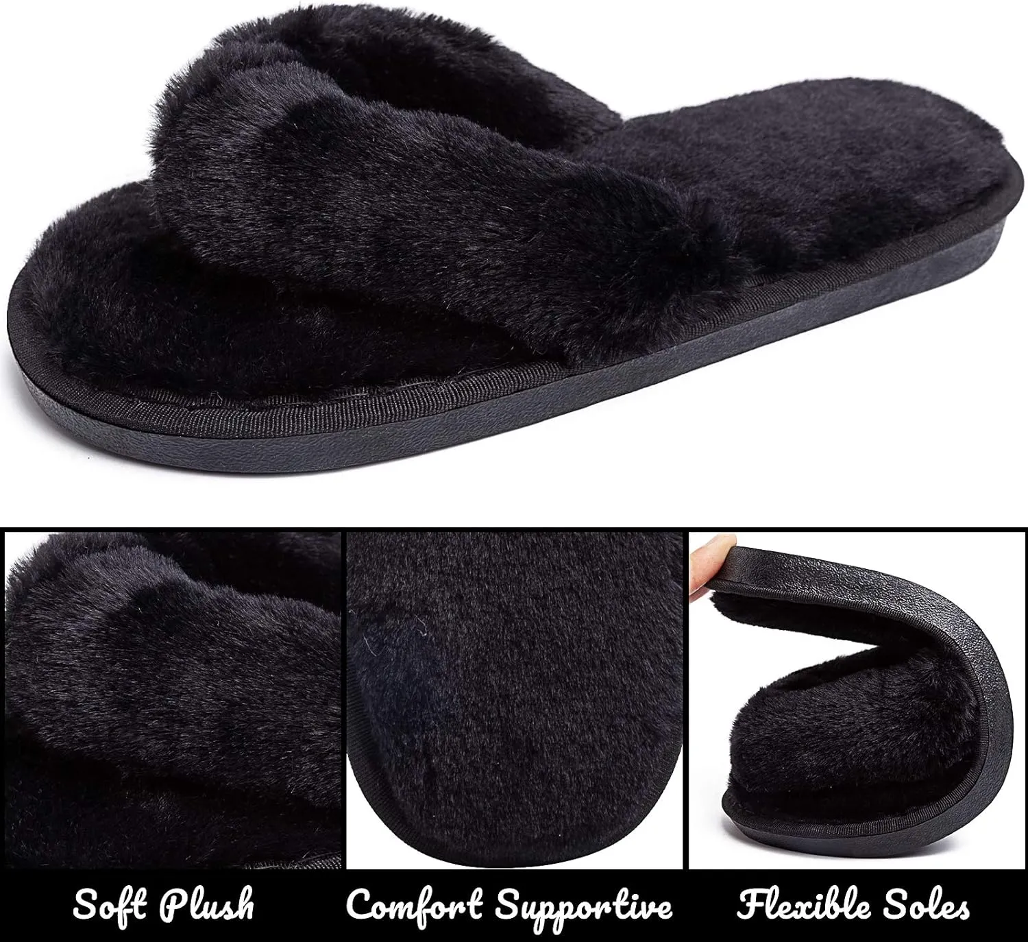 Women's Fuzzy Memory Foam Flip Flop Slippers Soft Comfy Open Toe Slip On Spa Thong Flat Sandals Ladies House Home Furry Sandal Slides Indoor Outdoor