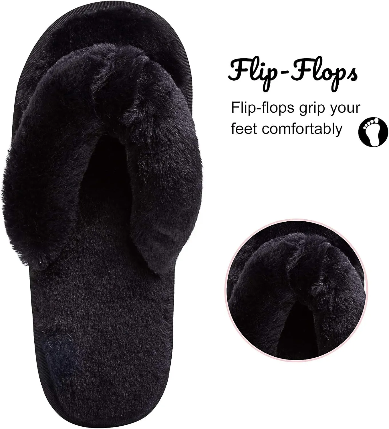 Women's Fuzzy Memory Foam Flip Flop Slippers Soft Comfy Open Toe Slip On Spa Thong Flat Sandals Ladies House Home Furry Sandal Slides Indoor Outdoor