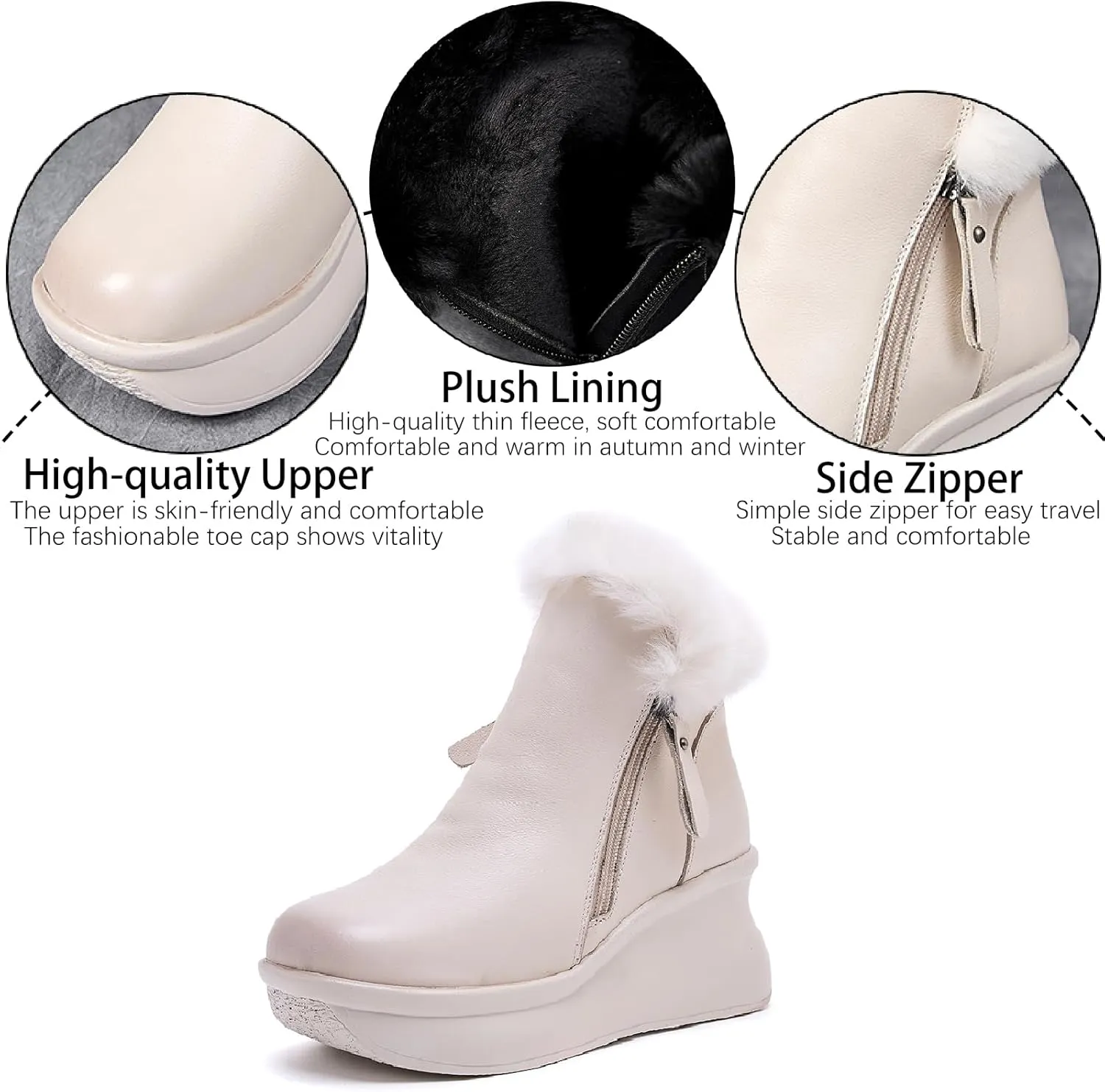 Women's Genuine Leather Platform Wedge Ankle Boots with Side Zipper Warm Fur Lined Fashion Comfortable Round Toe High Heel Snow Boots Winter Outdoor Walking Dress Bootie