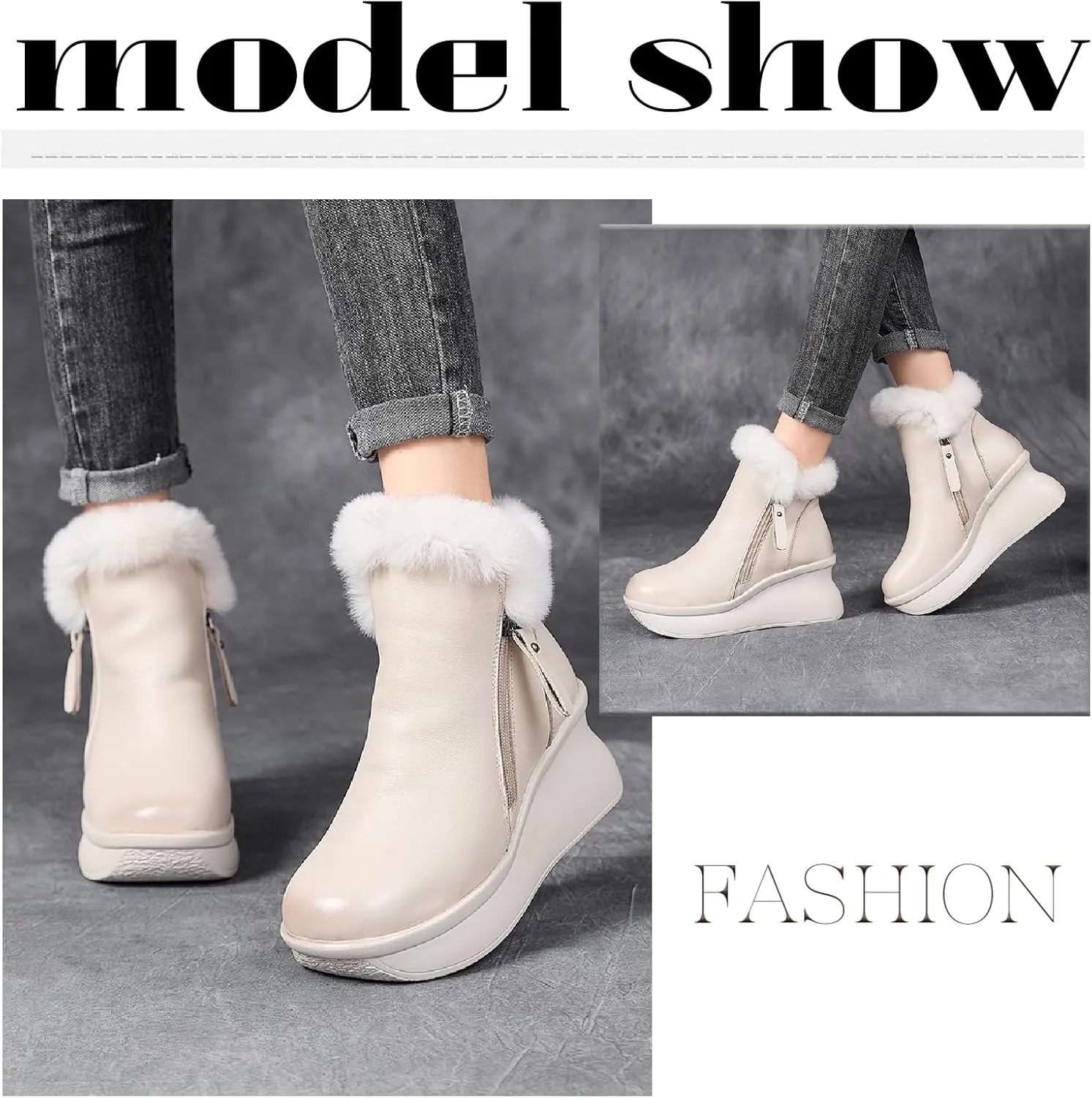 Women's Genuine Leather Platform Wedge Ankle Boots with Side Zipper Warm Fur Lined Fashion Comfortable Round Toe High Heel Snow Boots Winter Outdoor Walking Dress Bootie