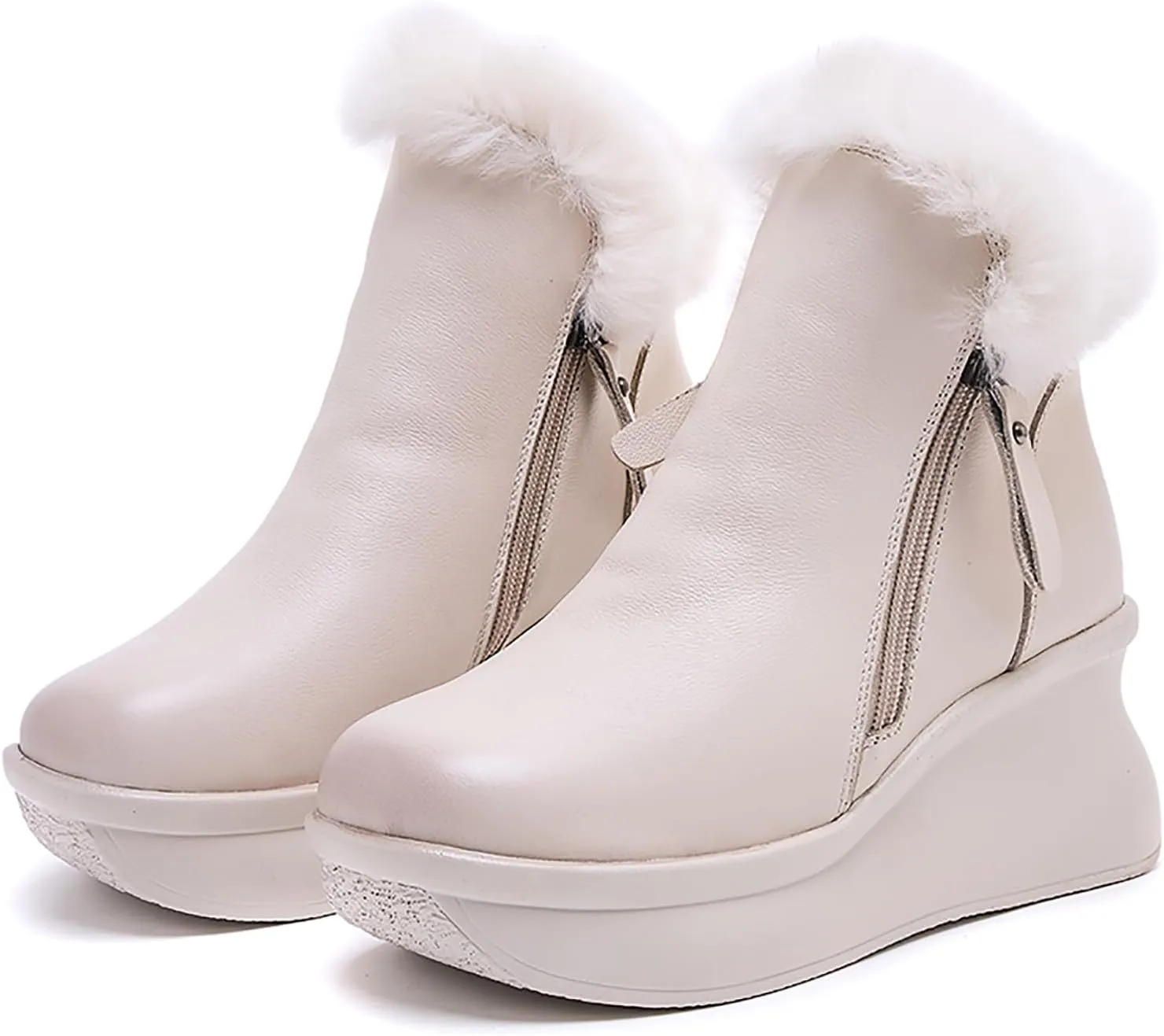 Women's Genuine Leather Platform Wedge Ankle Boots with Side Zipper Warm Fur Lined Fashion Comfortable Round Toe High Heel Snow Boots Winter Outdoor Walking Dress Bootie