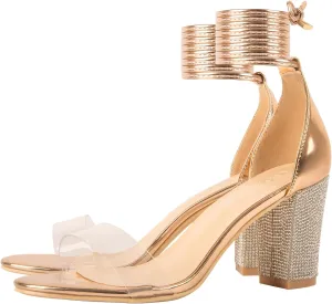 Women's Heeled Sandals with Rhinestone Clear Chunky Dress Heels Strappy Open Toe Party Wedding Shoes