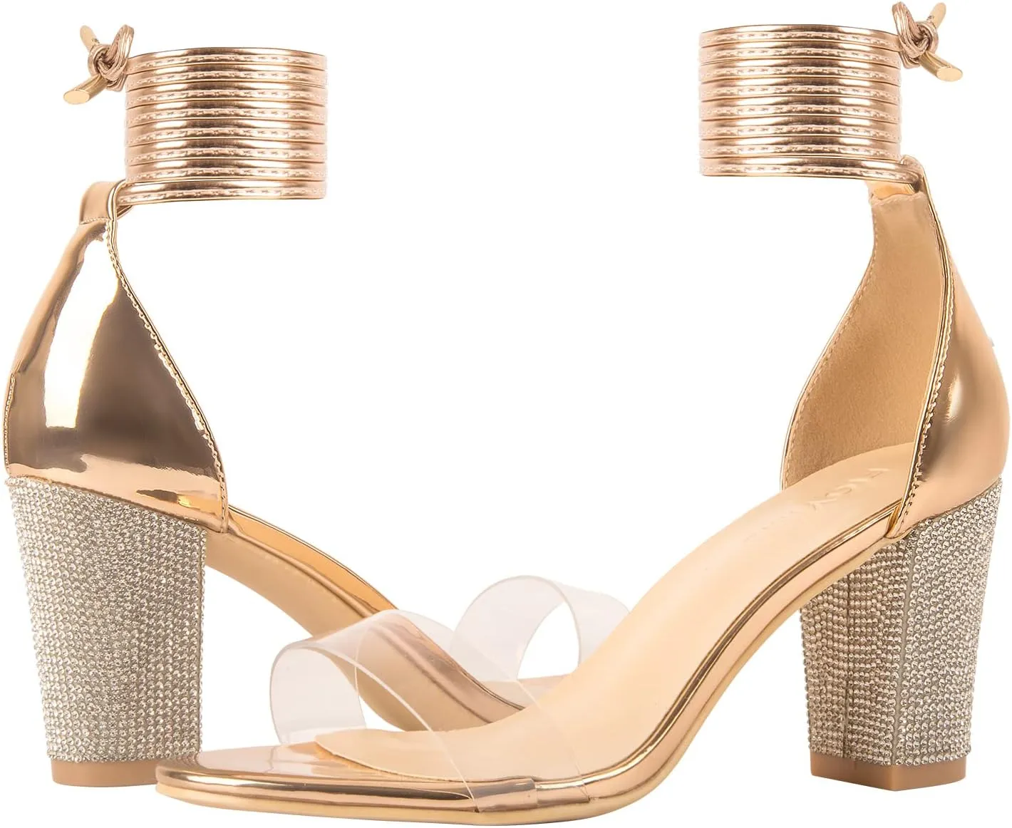 Women's Heeled Sandals with Rhinestone Clear Chunky Dress Heels Strappy Open Toe Party Wedding Shoes