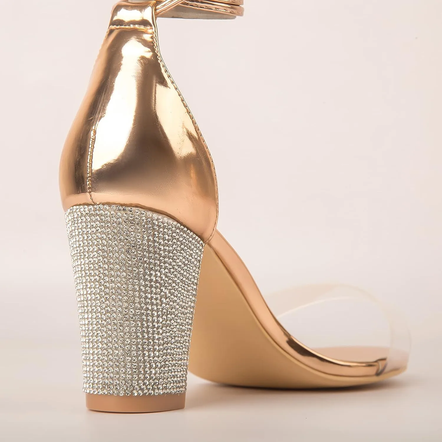Women's Heeled Sandals with Rhinestone Clear Chunky Dress Heels Strappy Open Toe Party Wedding Shoes