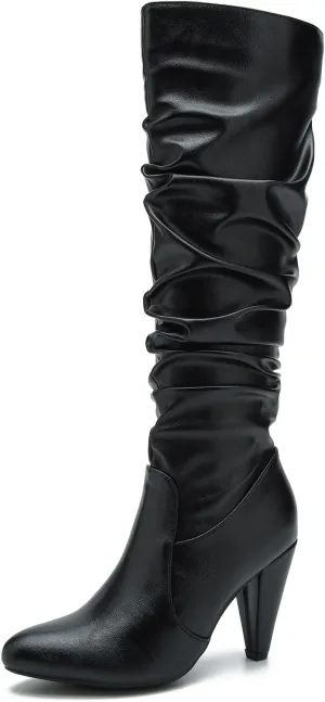 Women's Knee High Boots Pointed Toe Sexy Kitten Cone Heel Slouchy Boots Side Zipper Pleated Leather Tall Boots