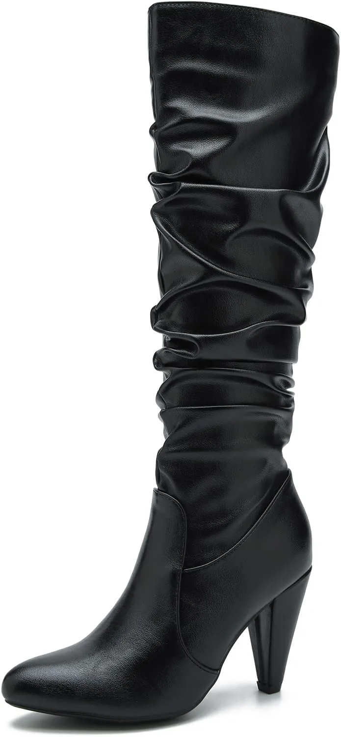 Women's Knee High Boots Pointed Toe Sexy Kitten Cone Heel Slouchy Boots Side Zipper Pleated Leather Tall Boots