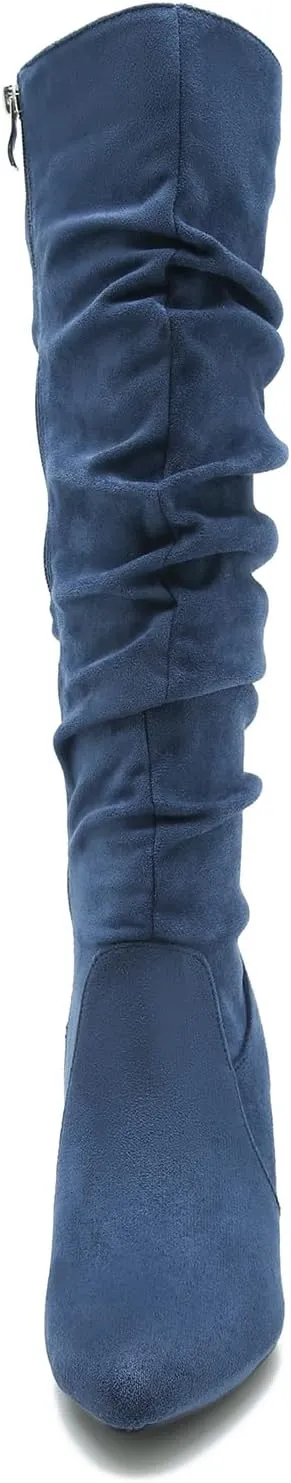 Women's Knee High Boots Pointed Toe Sexy Kitten Cone Heel Slouchy Boots Side Zipper Pleated Leather Tall Boots