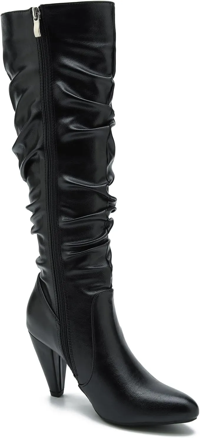Women's Knee High Boots Pointed Toe Sexy Kitten Cone Heel Slouchy Boots Side Zipper Pleated Leather Tall Boots