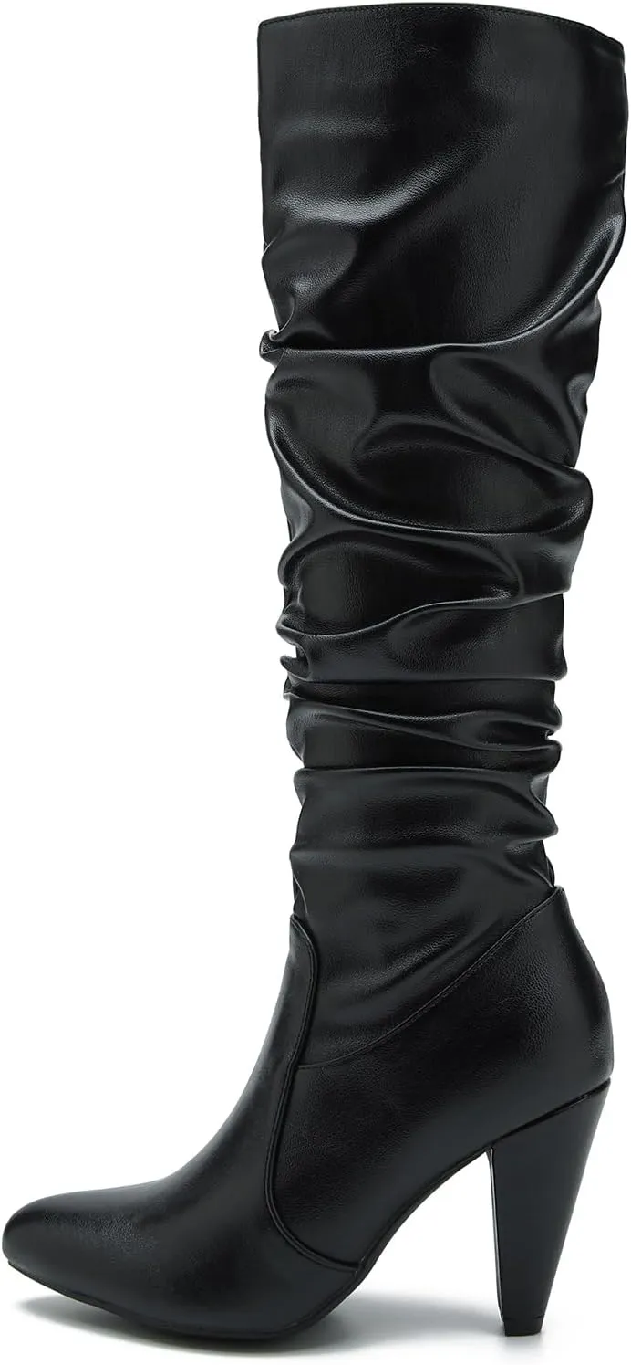 Women's Knee High Boots Pointed Toe Sexy Kitten Cone Heel Slouchy Boots Side Zipper Pleated Leather Tall Boots