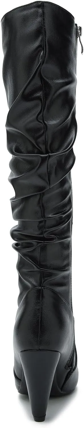 Women's Knee High Boots Pointed Toe Sexy Kitten Cone Heel Slouchy Boots Side Zipper Pleated Leather Tall Boots