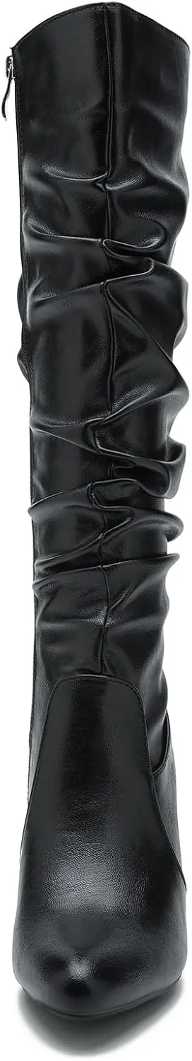 Women's Knee High Boots Pointed Toe Sexy Kitten Cone Heel Slouchy Boots Side Zipper Pleated Leather Tall Boots