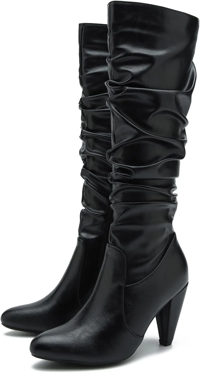 Women's Knee High Boots Pointed Toe Sexy Kitten Cone Heel Slouchy Boots Side Zipper Pleated Leather Tall Boots