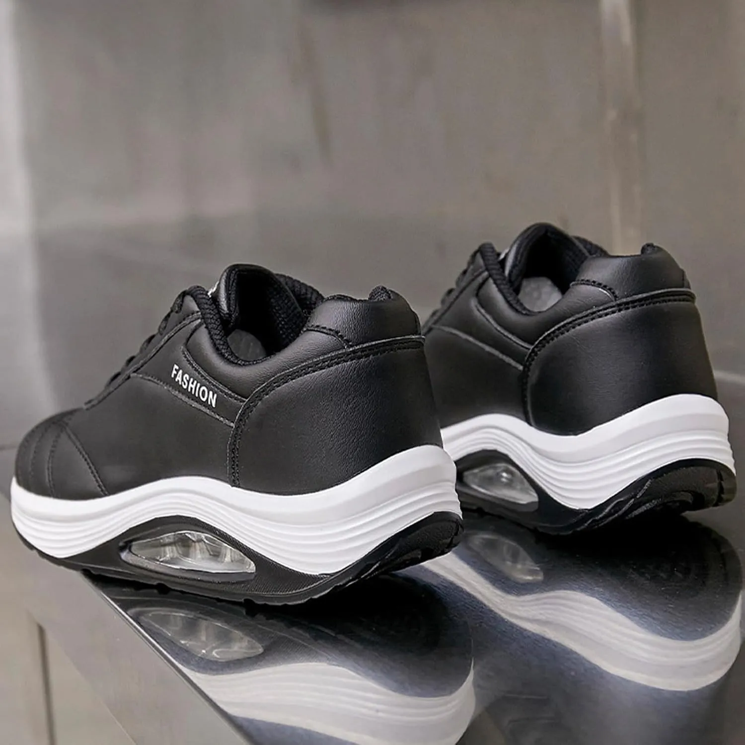 Women's Leather Lace-up Orthotic Air Cushion Sneakers,Arch Support Comfortable Soft Sole Walking Rocker Shoes Fashion Breathable Gym Jogging Running Tennis Shoes