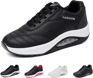 Women's Leather Lace-up Orthotic Air Cushion Sneakers,Arch Support Comfortable Soft Sole Walking Rocker Shoes Fashion Breathable Gym Jogging Running Tennis Shoes