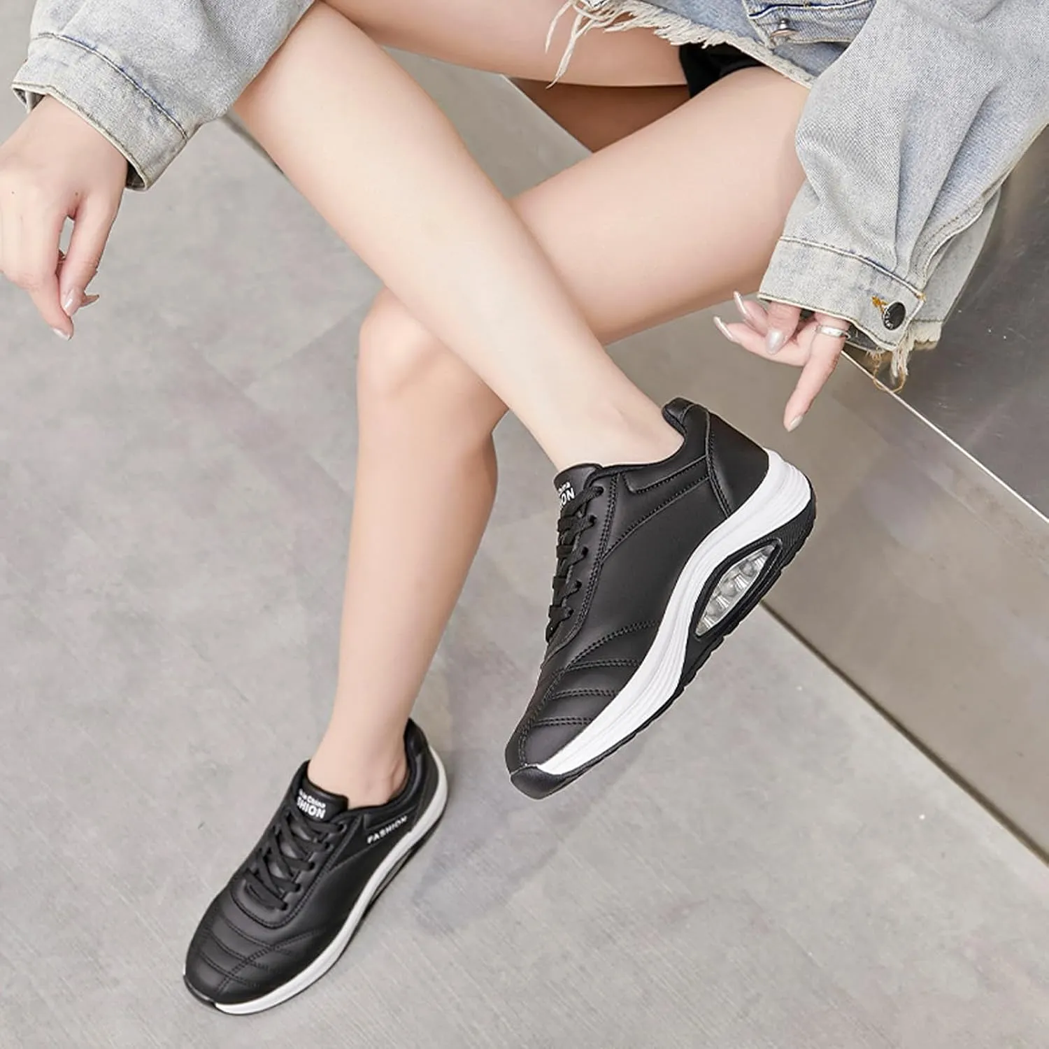 Women's Leather Lace-up Orthotic Air Cushion Sneakers,Arch Support Comfortable Soft Sole Walking Rocker Shoes Fashion Breathable Gym Jogging Running Tennis Shoes