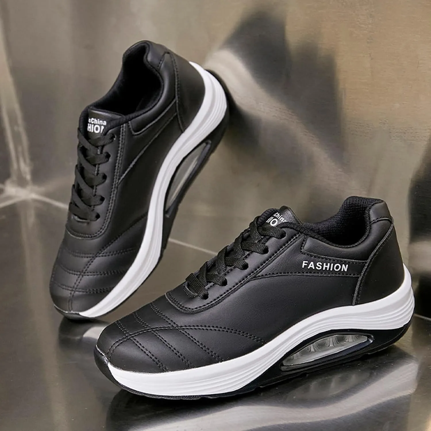 Women's Leather Lace-up Orthotic Air Cushion Sneakers,Arch Support Comfortable Soft Sole Walking Rocker Shoes Fashion Breathable Gym Jogging Running Tennis Shoes