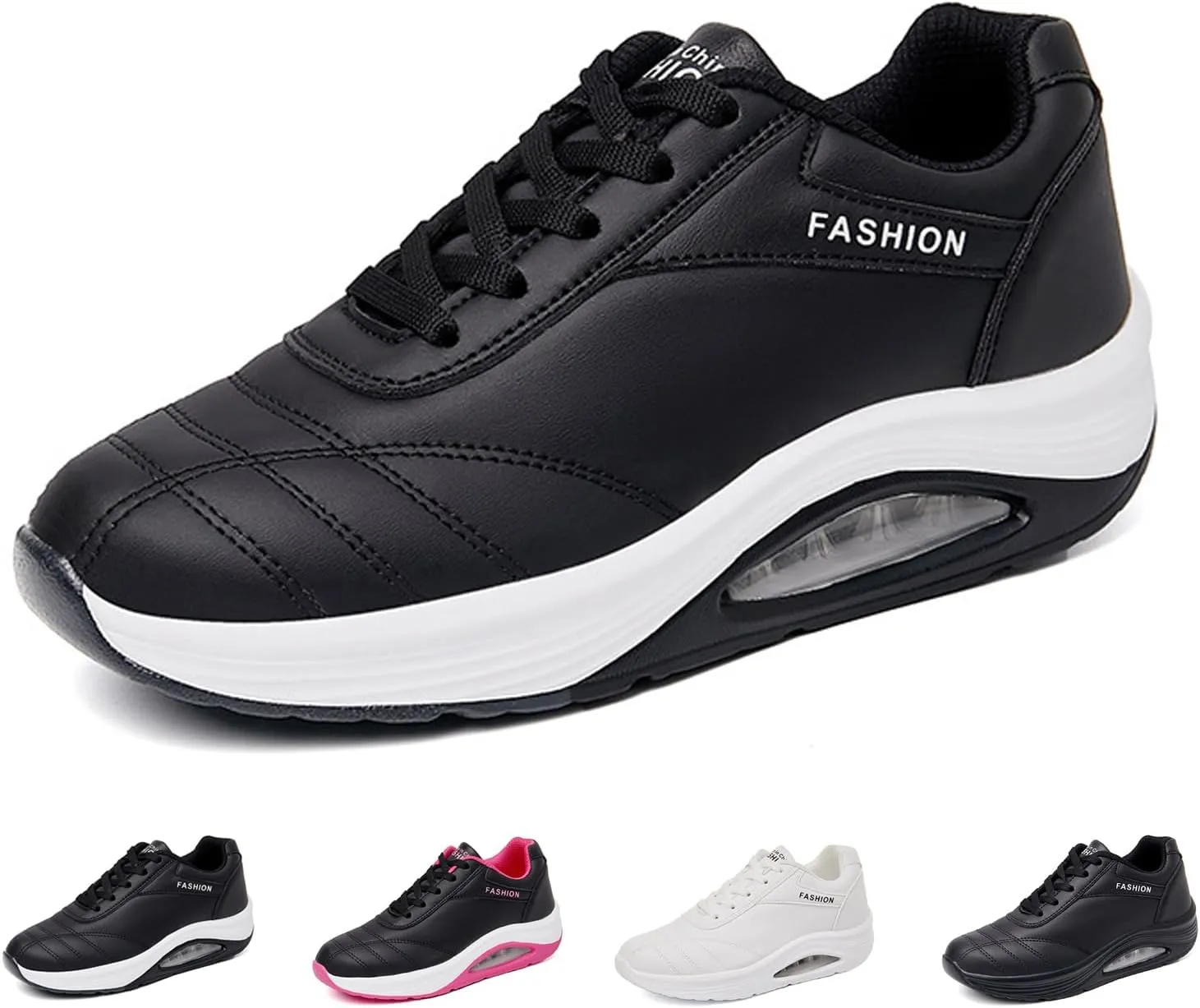 Women's Leather Lace-up Orthotic Air Cushion Sneakers,Arch Support Comfortable Soft Sole Walking Rocker Shoes Fashion Breathable Gym Jogging Running Tennis Shoes
