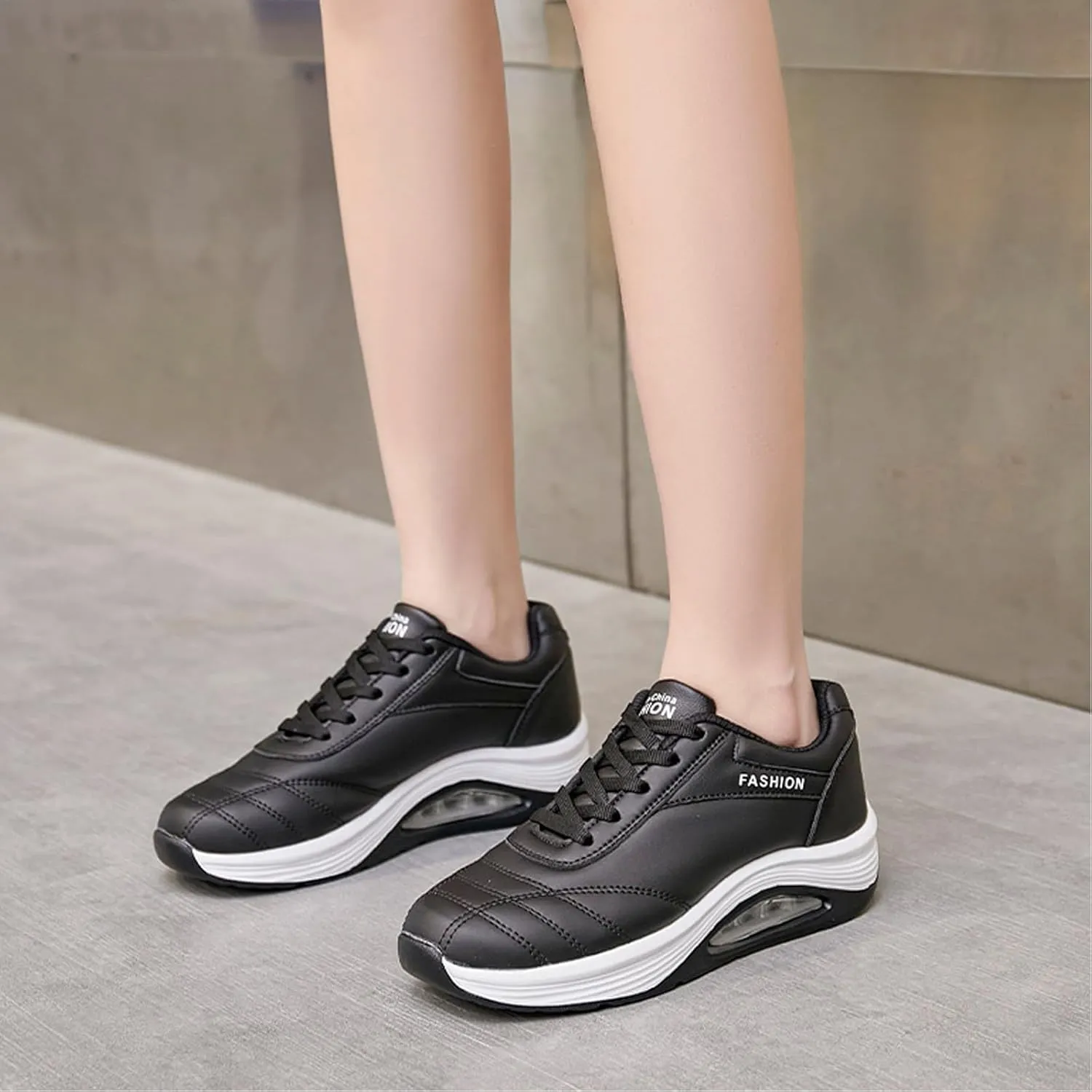Women's Leather Lace-up Orthotic Air Cushion Sneakers,Arch Support Comfortable Soft Sole Walking Rocker Shoes Fashion Breathable Gym Jogging Running Tennis Shoes
