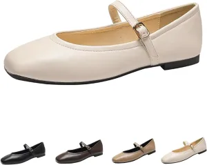 Women's Leather Mary Jane Flats - Square Toe Slip-On Ballet Flats with Ankle Strap, Dressy & Comfortable Flats for Work, Parties, or Casual Wear