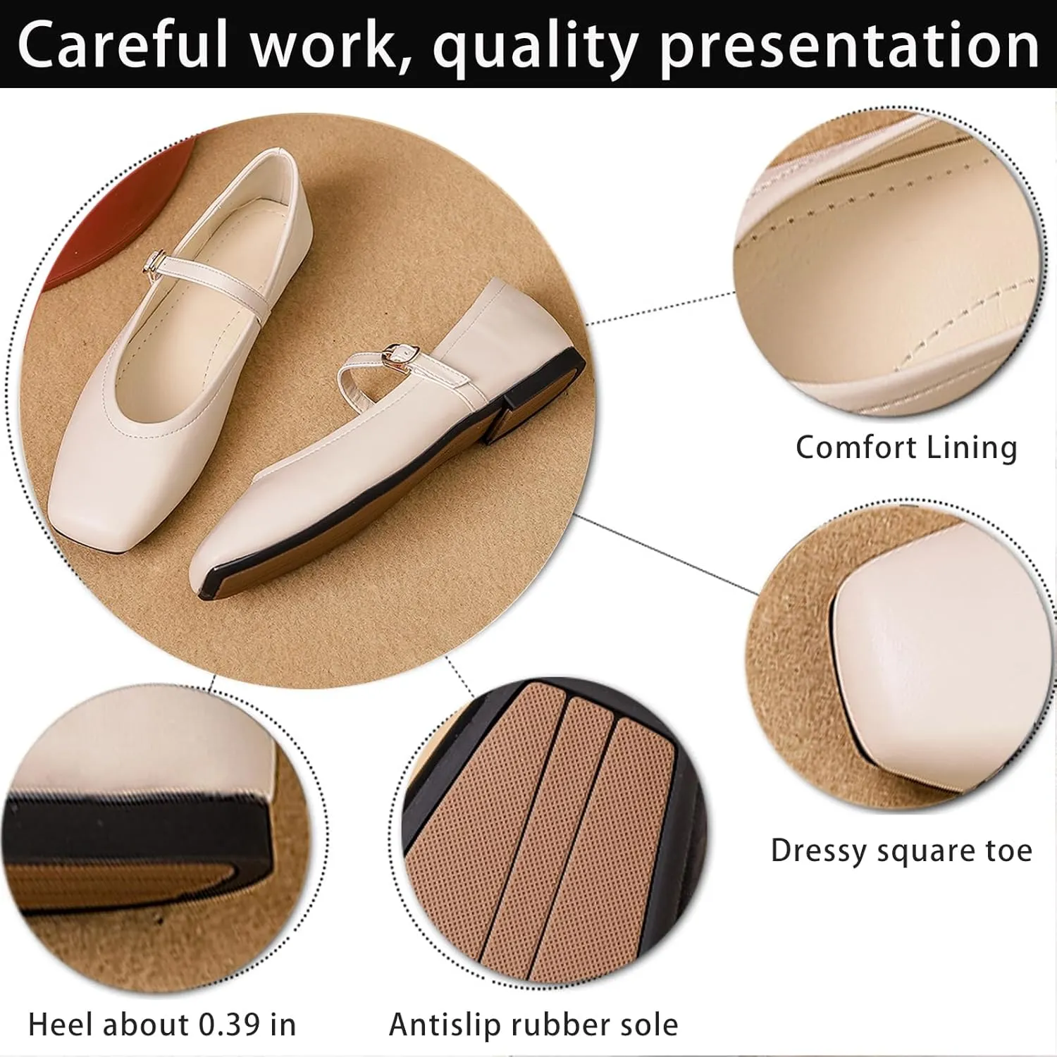 Women's Leather Mary Jane Flats - Square Toe Slip-On Ballet Flats with Ankle Strap, Dressy & Comfortable Flats for Work, Parties, or Casual Wear