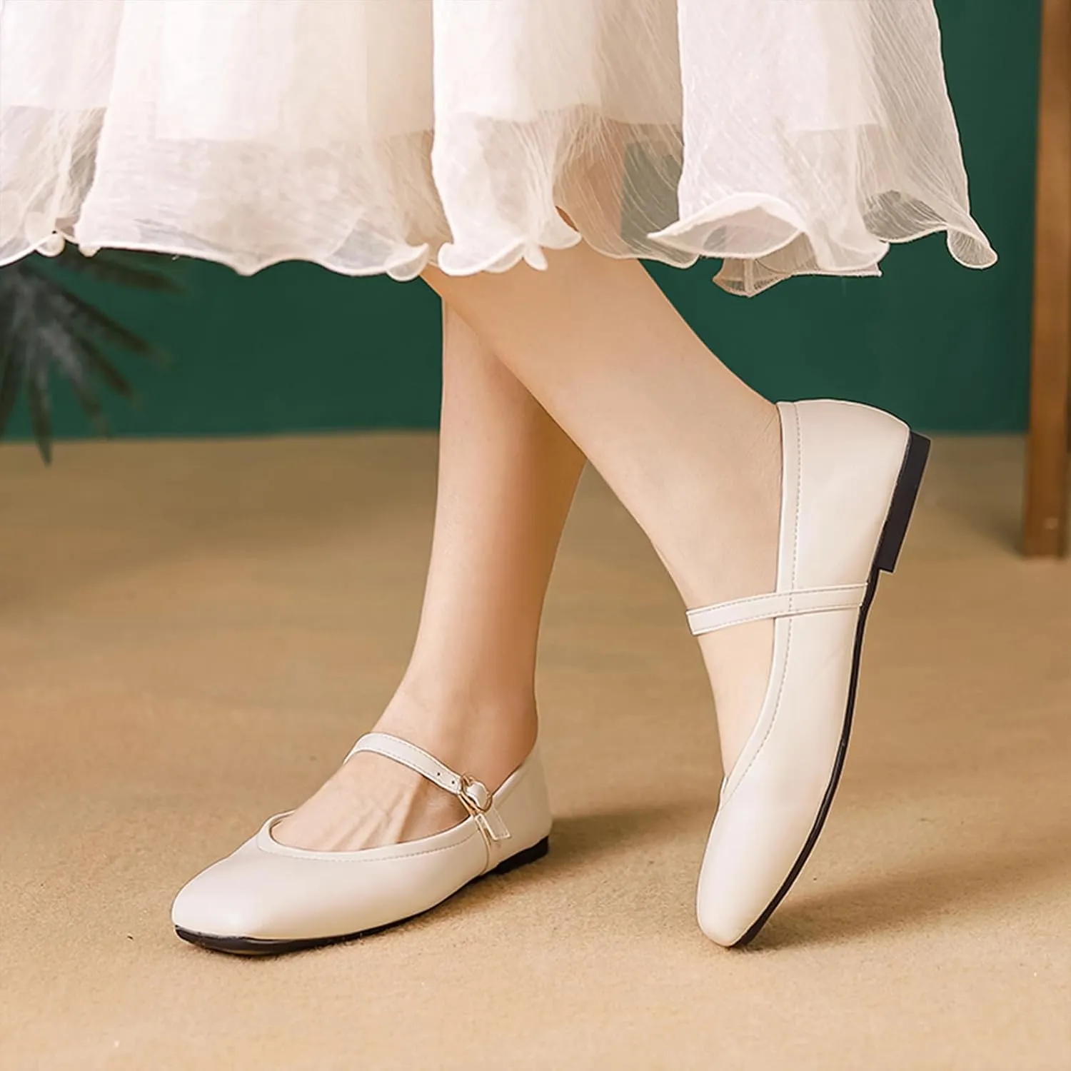 Women's Leather Mary Jane Flats - Square Toe Slip-On Ballet Flats with Ankle Strap, Dressy & Comfortable Flats for Work, Parties, or Casual Wear
