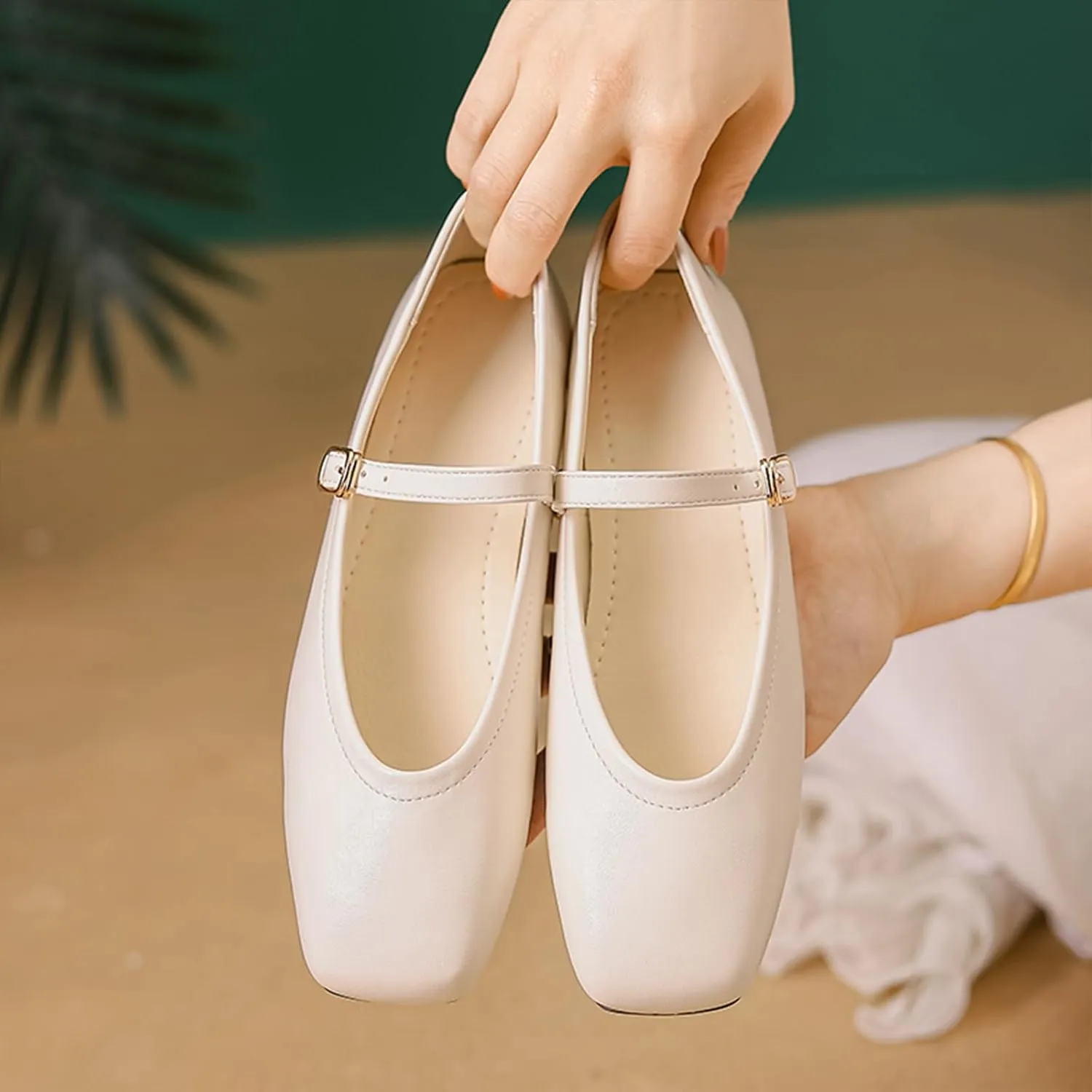 Women's Leather Mary Jane Flats - Square Toe Slip-On Ballet Flats with Ankle Strap, Dressy & Comfortable Flats for Work, Parties, or Casual Wear
