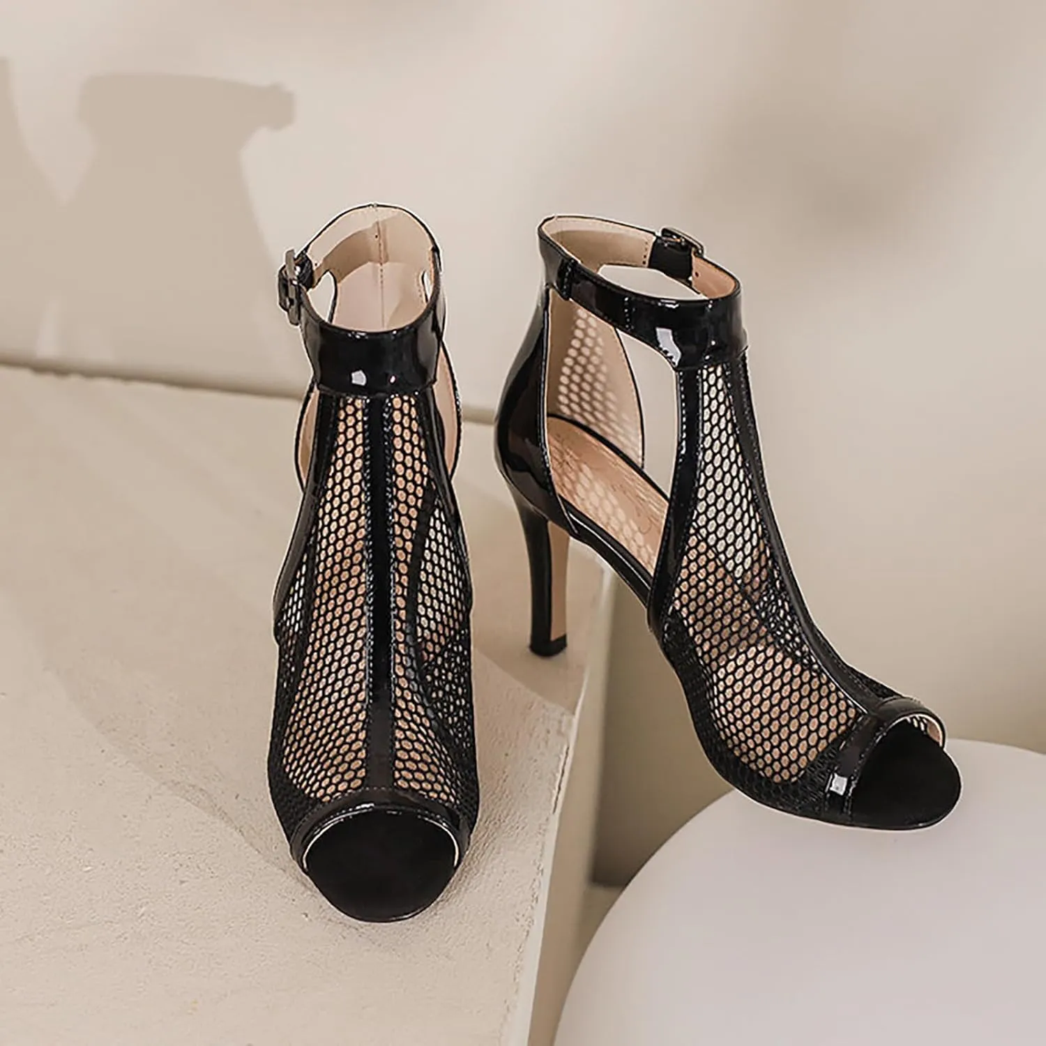 Women's Leather Mesh Peep Toe Stiletto Heels Sandals with Adjust Ankle Strap Sexy Breathable Side Cutout Open Toe High Heels Summer Booties Sandals for Prom Party Dress Shoes