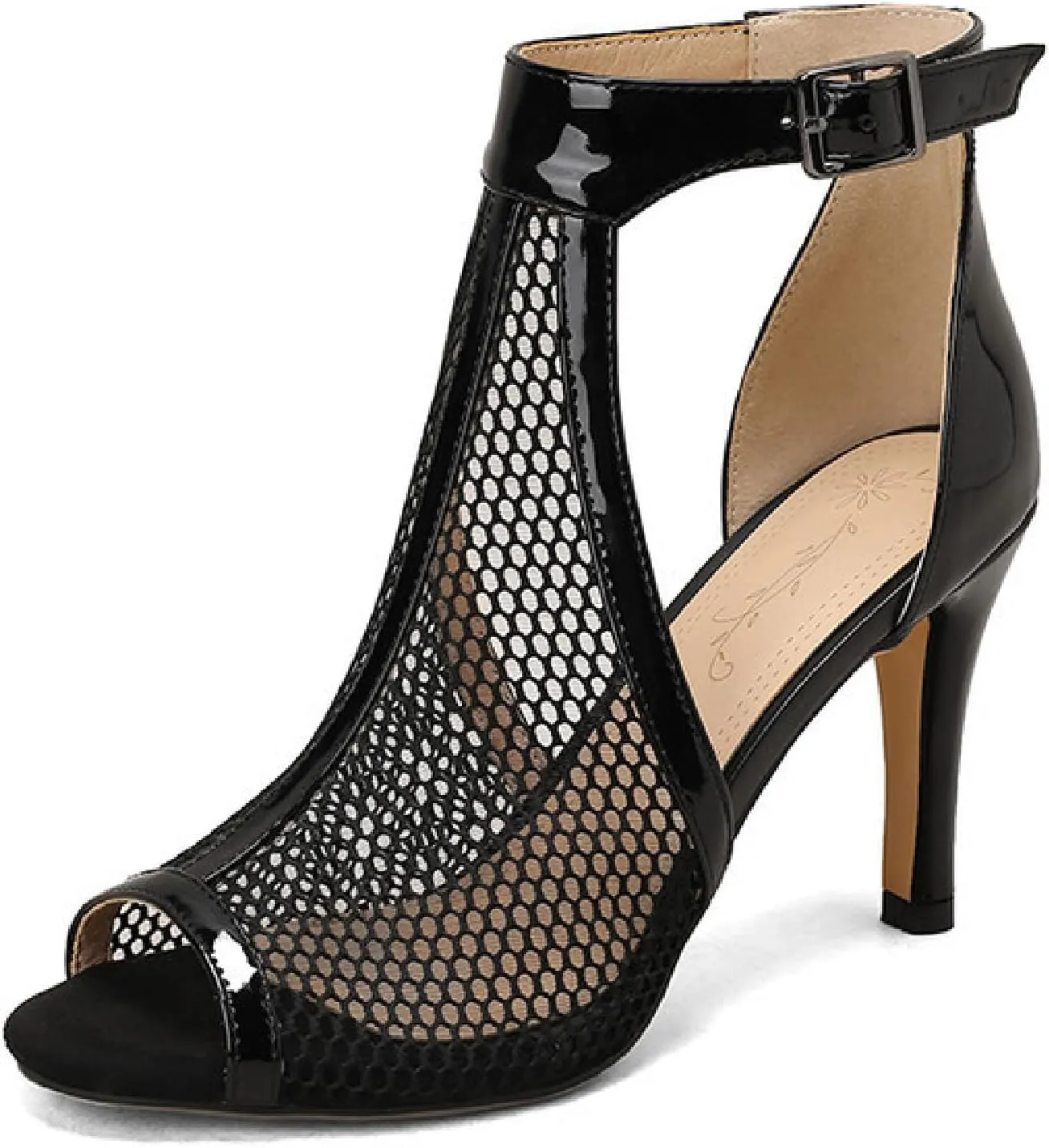 Women's Leather Mesh Peep Toe Stiletto Heels Sandals with Adjust Ankle Strap Sexy Breathable Side Cutout Open Toe High Heels Summer Booties Sandals for Prom Party Dress Shoes