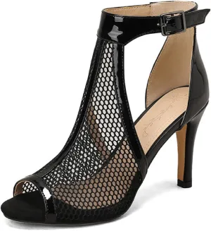 Women's Leather Mesh Peep Toe Stiletto Heels Sandals with Adjust Ankle Strap Sexy Breathable Side Cutout Open Toe High Heels Summer Booties Sandals for Prom Party Dress Shoes