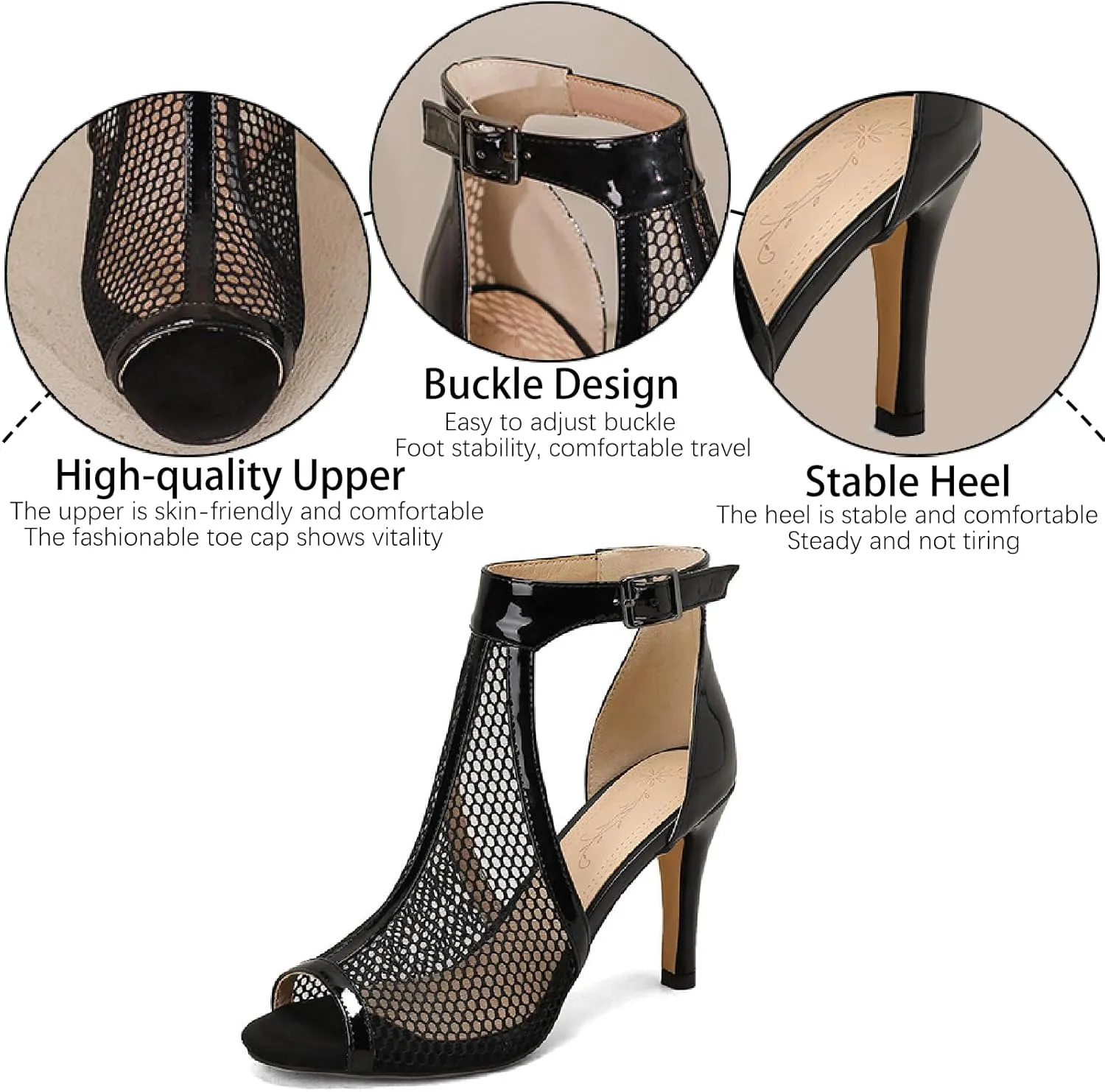 Women's Leather Mesh Peep Toe Stiletto Heels Sandals with Adjust Ankle Strap Sexy Breathable Side Cutout Open Toe High Heels Summer Booties Sandals for Prom Party Dress Shoes