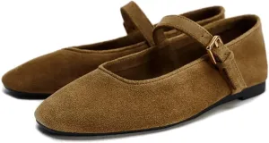 Women's Leopard Print Mary Jane Flats Square Toe Suede Ballet Flats for Women Buckle Strap Comfortable Fall Ballerina Shoes