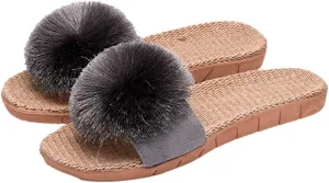 Women's Linen Non-slip Slides Slippers Fluffy Pompom Cozy Sandals Open Toe Indoor Outdoor Flat Slippers 2025