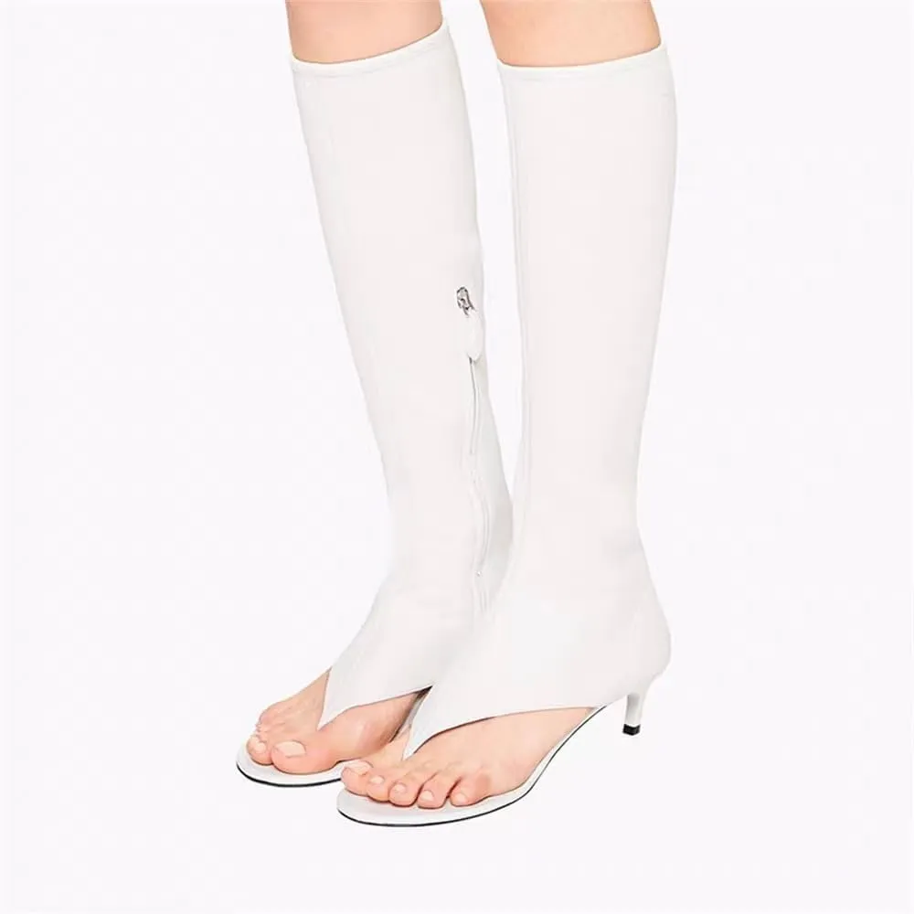 Womens Open Toe Thong Knee High Boots with Zipper Stretch Fabric and Kitten Low Heel Tall Sandal Boots