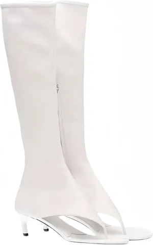 Womens Open Toe Thong Knee High Boots with Zipper Stretch Fabric and Kitten Low Heel Tall Sandal Boots