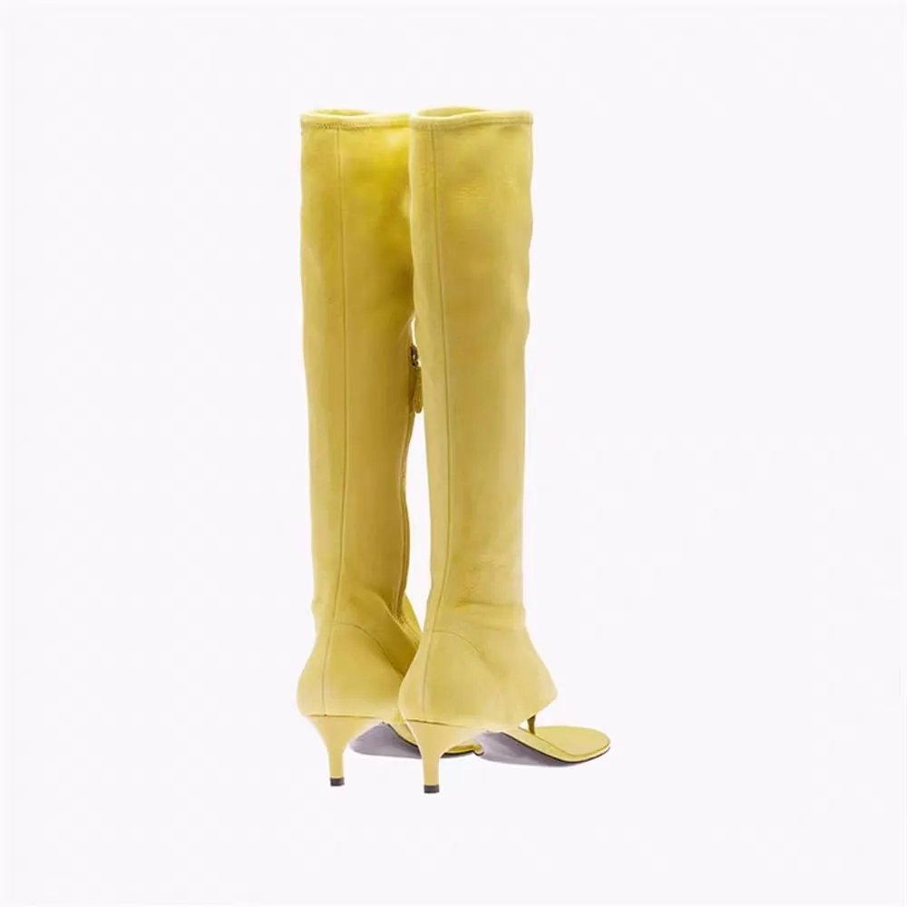 Womens Open Toe Thong Knee High Boots with Zipper Stretch Fabric and Kitten Low Heel Tall Sandal Boots
