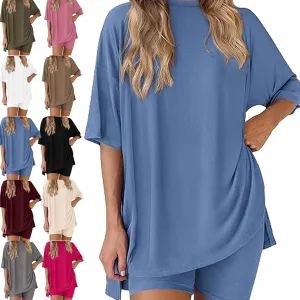 Women's Oversized Casual T-Shirt Shorts Suit Stretch Two-Piece Set, Biker Shorts Solid Color Matching Travel Outfit