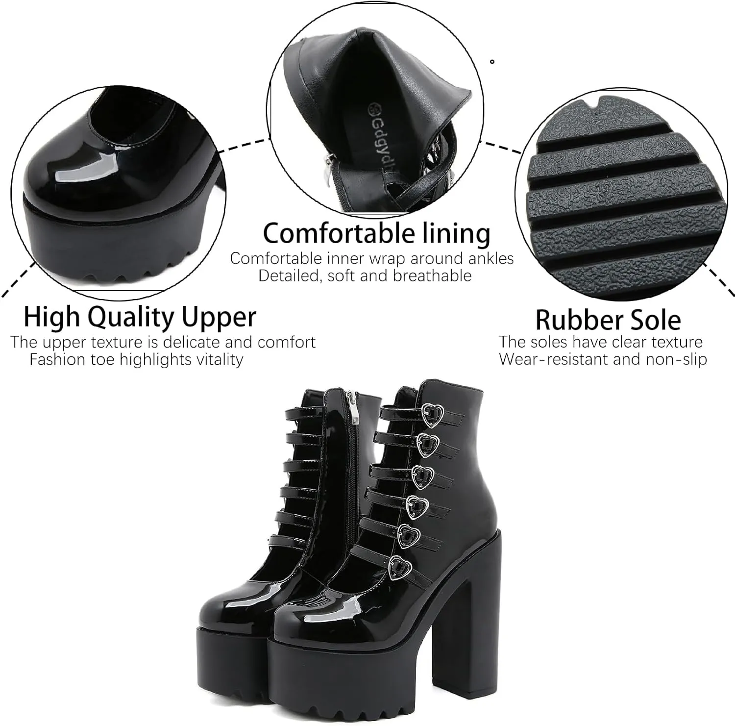 Women's Patent Leather Platform Chunky High Heel Goth Ankle Boots With Side Zipper Sexy Multi Love Buckle Straps Anti-slip Lug Sole Block Heel Y2K Punk Short Booties