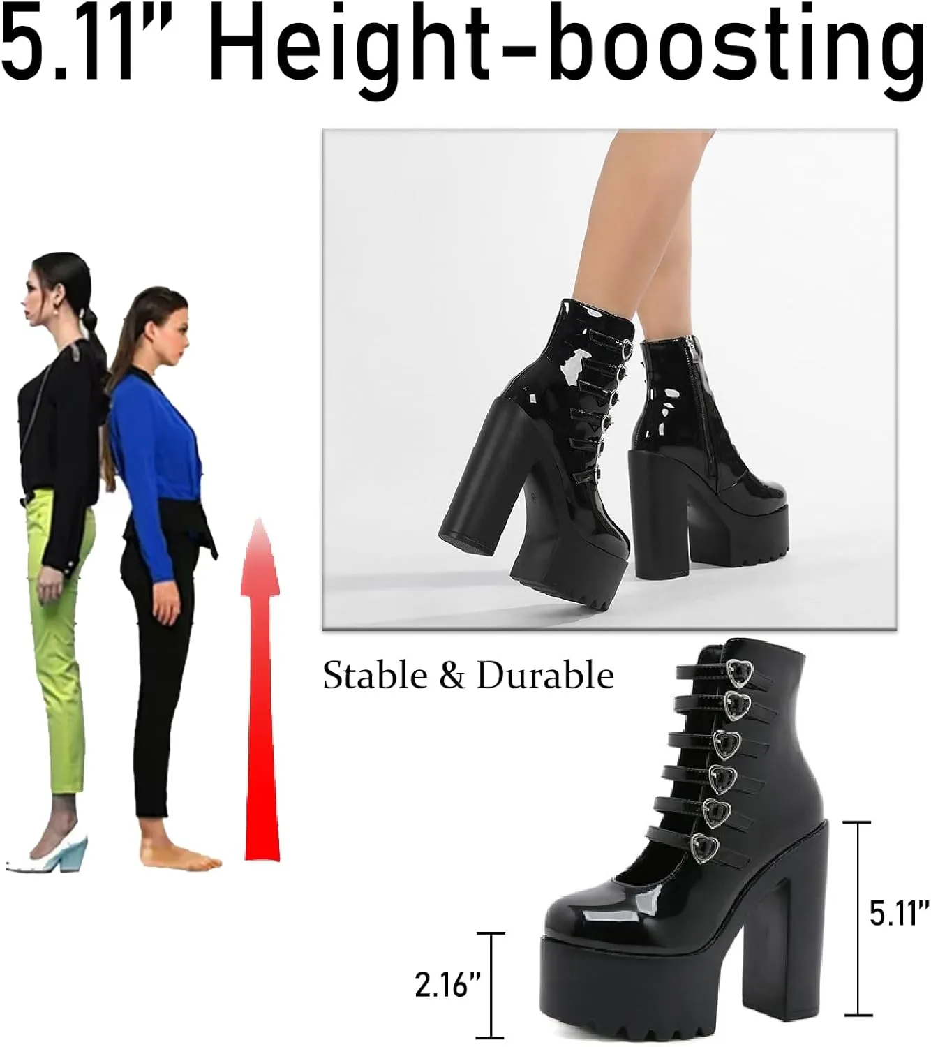 Women's Patent Leather Platform Chunky High Heel Goth Ankle Boots With Side Zipper Sexy Multi Love Buckle Straps Anti-slip Lug Sole Block Heel Y2K Punk Short Booties