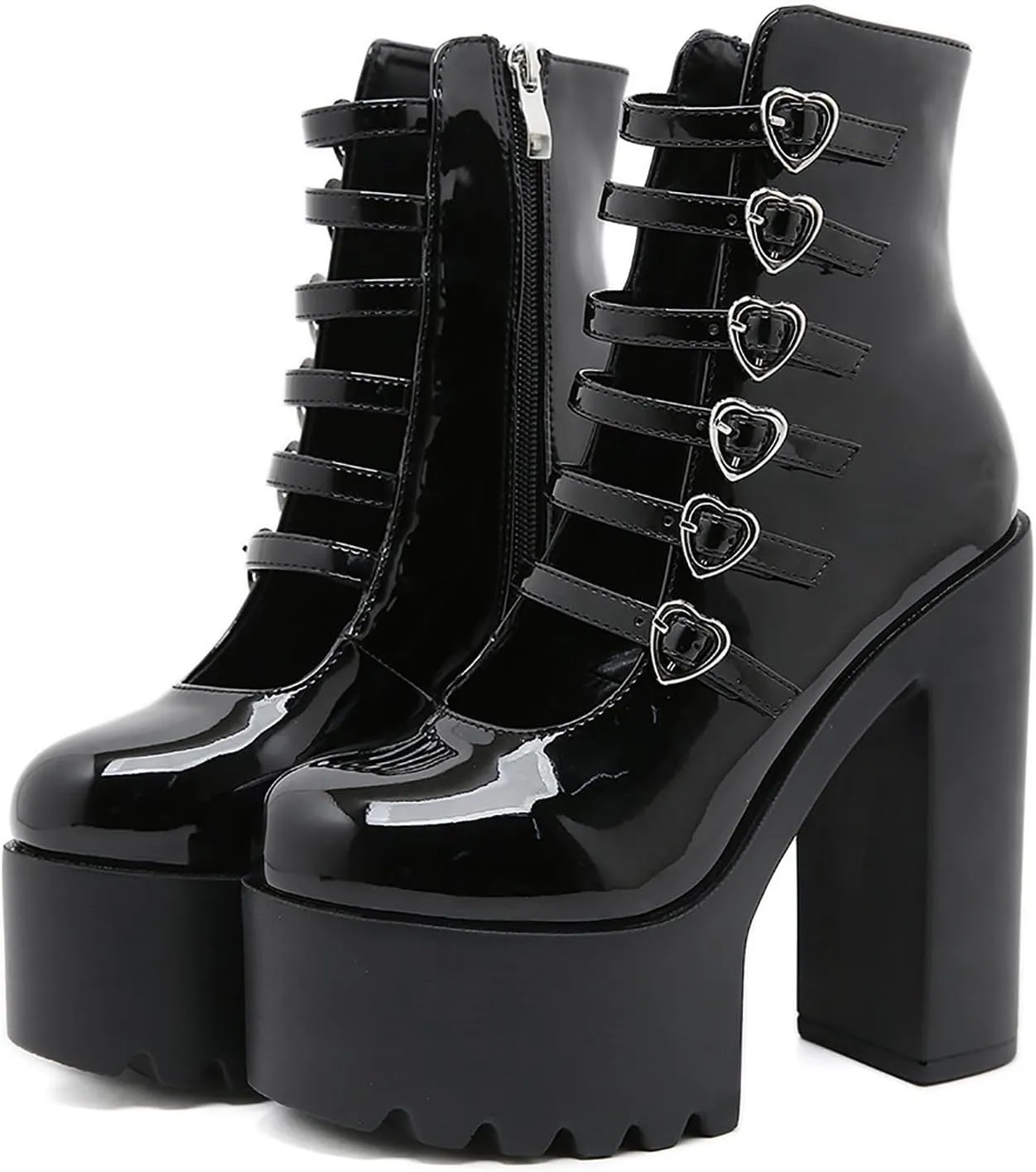 Women's Patent Leather Platform Chunky High Heel Goth Ankle Boots With Side Zipper Sexy Multi Love Buckle Straps Anti-slip Lug Sole Block Heel Y2K Punk Short Booties