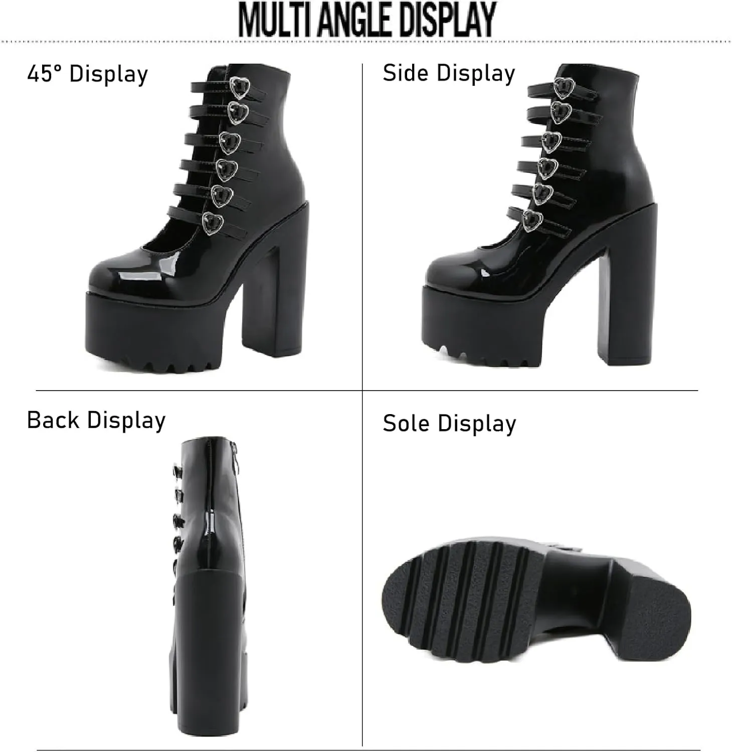 Women's Patent Leather Platform Chunky High Heel Goth Ankle Boots With Side Zipper Sexy Multi Love Buckle Straps Anti-slip Lug Sole Block Heel Y2K Punk Short Booties