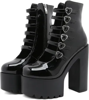 Women's Patent Leather Platform Chunky High Heel Goth Ankle Boots With Side Zipper Sexy Multi Love Buckle Straps Anti-slip Lug Sole Block Heel Y2K Punk Short Booties