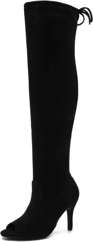 Women's Peep Toe Thigh High Boots Over The Knee Boot Sexy Stiletto Heel Lace Up Open Toe Pull on Long Boots
