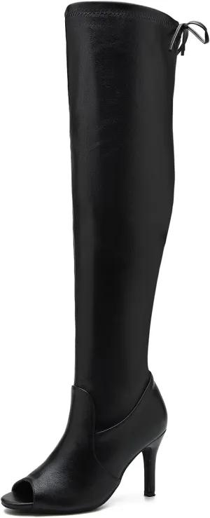 Women's Peep Toe Thigh High Boots Over The Knee Boot Sexy Stiletto Heel Lace Up Open Toe Pull on Long Boots