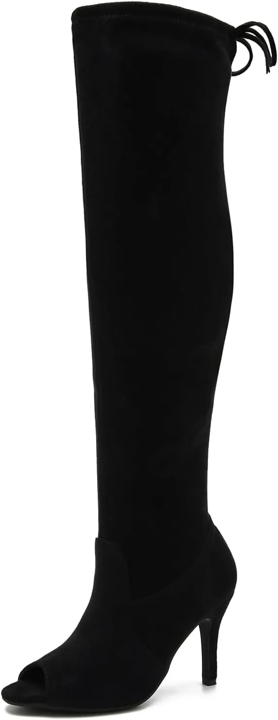 Women's Peep Toe Thigh High Boots Over The Knee Boot Sexy Stiletto Heel Lace Up Open Toe Pull on Long Boots