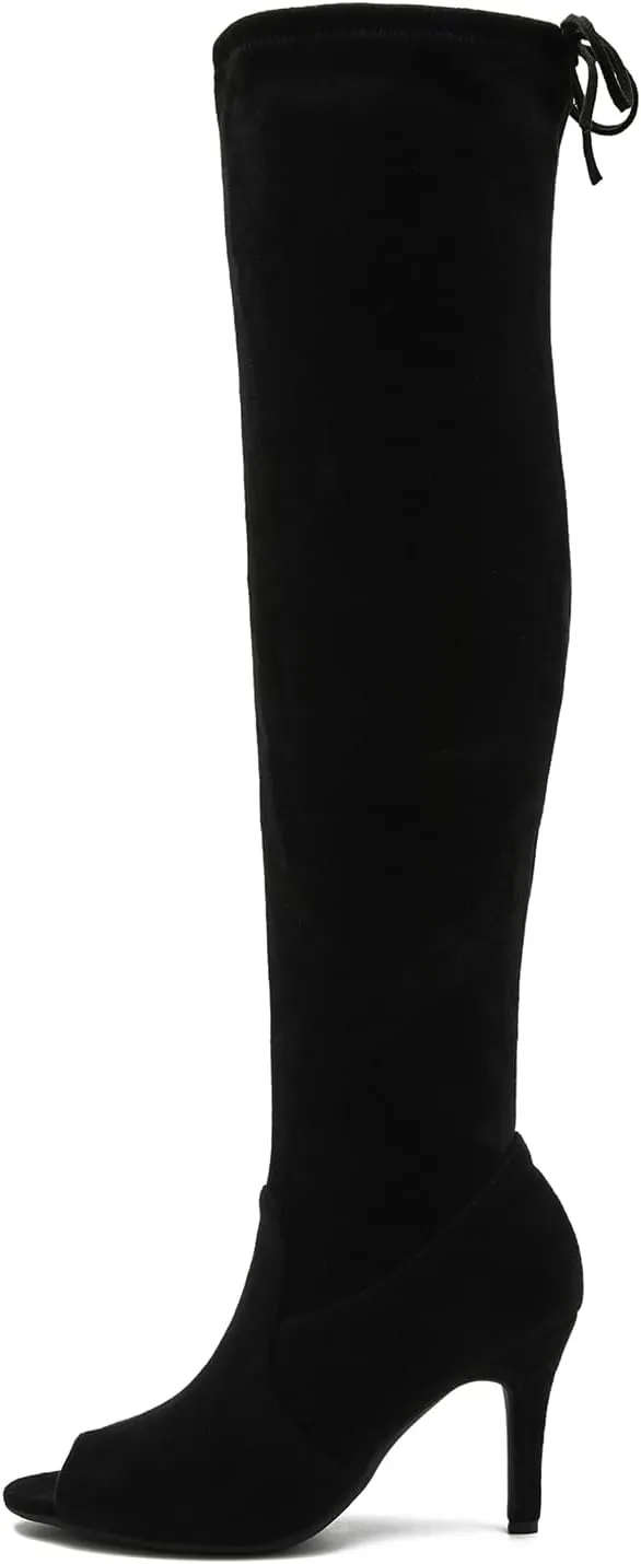 Women's Peep Toe Thigh High Boots Over The Knee Boot Sexy Stiletto Heel Lace Up Open Toe Pull on Long Boots