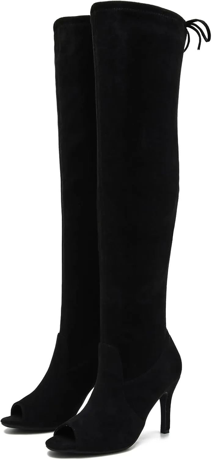 Women's Peep Toe Thigh High Boots Over The Knee Boot Sexy Stiletto Heel Lace Up Open Toe Pull on Long Boots