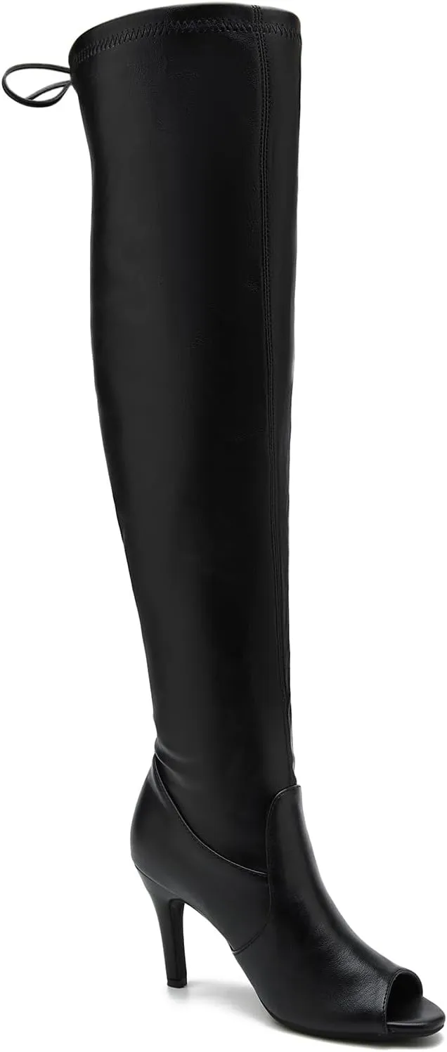 Women's Peep Toe Thigh High Boots Over The Knee Boot Sexy Stiletto Heel Lace Up Open Toe Pull on Long Boots